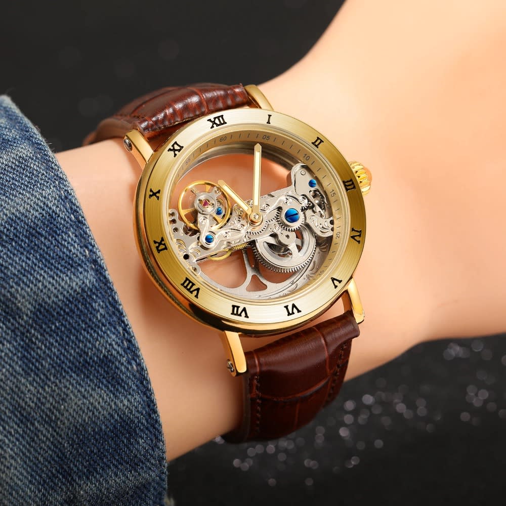 Golden Bridge Skeleton Automatic Mens Watch Luxury with Genuine Leather Strap